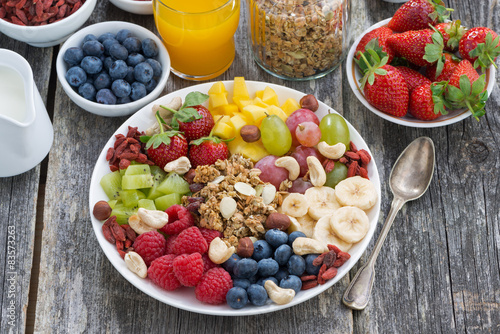 ingredients for a healthy breakfast - berries, fruit and muesli photo