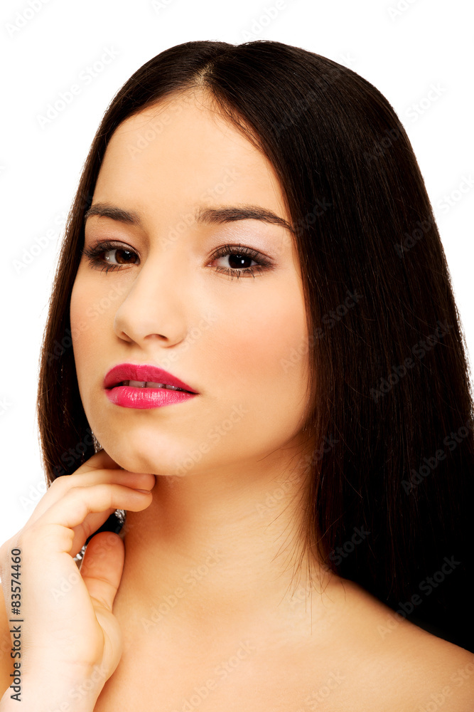 Sensual woman with make up touching neck. Sensual woman with make up touching neck.