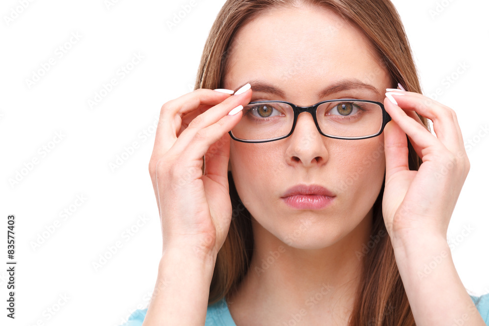 Beautiful young woman with glasses portrait isolated on white. Beautiful young woman with glasses portrait isolated on white.
