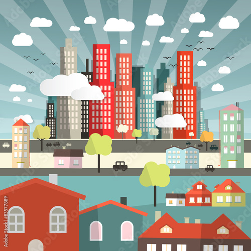 Vector Landscape - Town or City with Cars