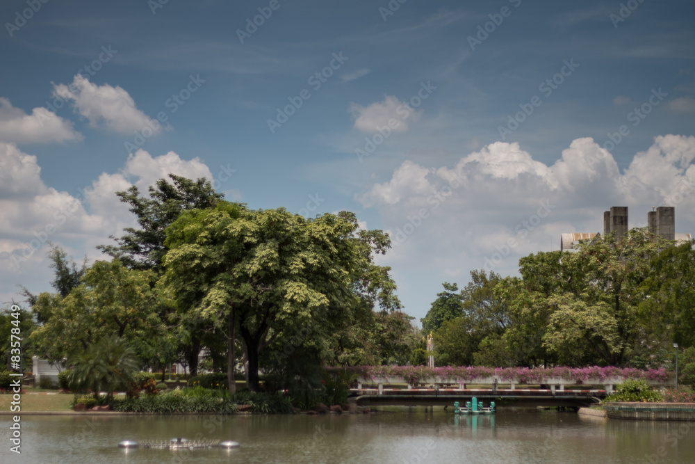 Lakeside park with trees and blue sky in the background.