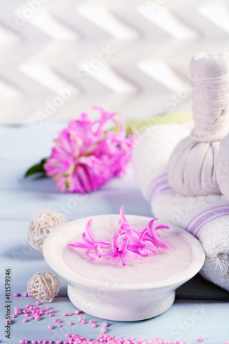 Beautiful spa composition with hyacinth flowers  close up