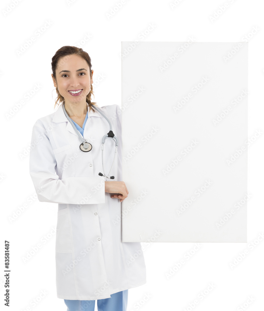 Female doctor holding an advertisement billboard Female doctor holding an advertisement billboard