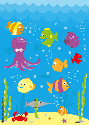 Underwater scene with cartoon fish, crab, octopus and waves