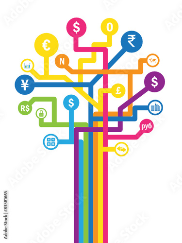 Money growing on a vector tree with currency symbols
