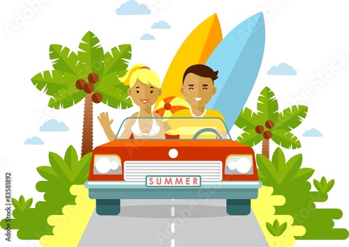 Young man and woman couple with surfboards traveling by the red