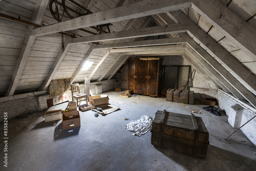 Old attic with hidden secrets of an abandoned house - obrazy, fototapety, plakaty 