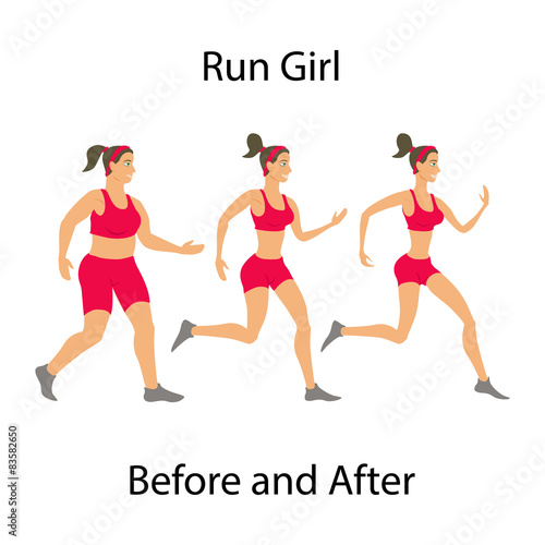 Simple cartoon woman jogging before and after run girl