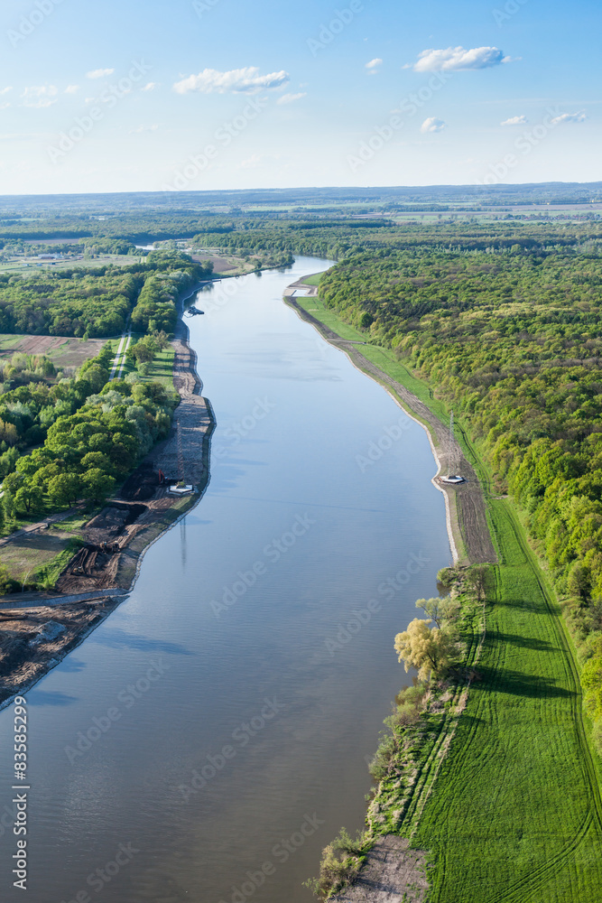 aerial view of fields  and odra river near Wroclaw city