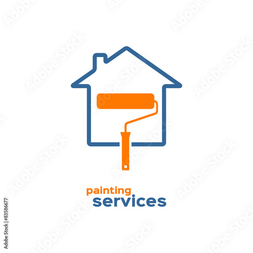Painting services logo, roller brush and house silhouettes