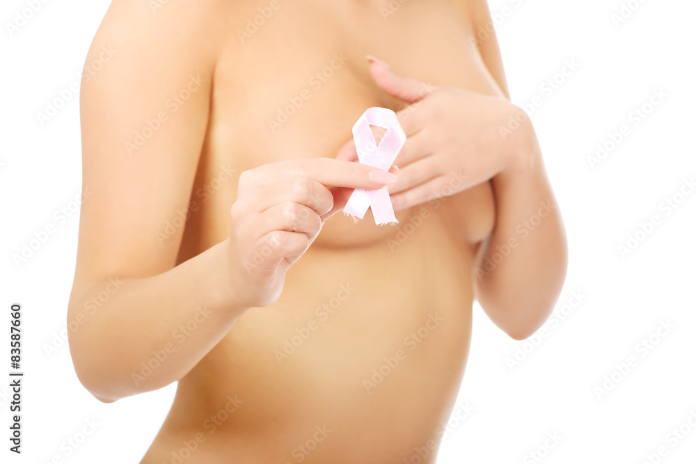 Topless woman with pink ribbon.