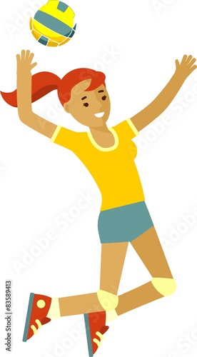 Smiling girl playing volleyball in flat style isolated on white