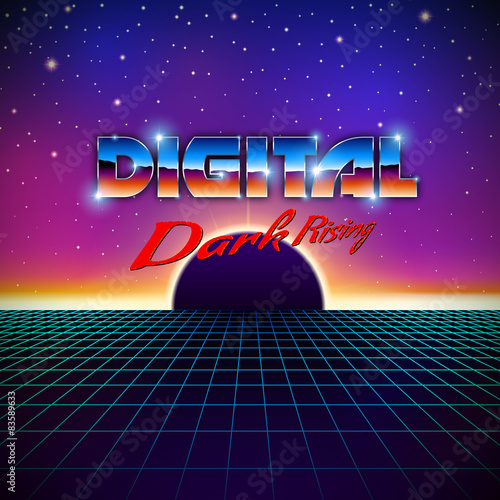 Retro styled futuristic landscape with lettering and shiny grid