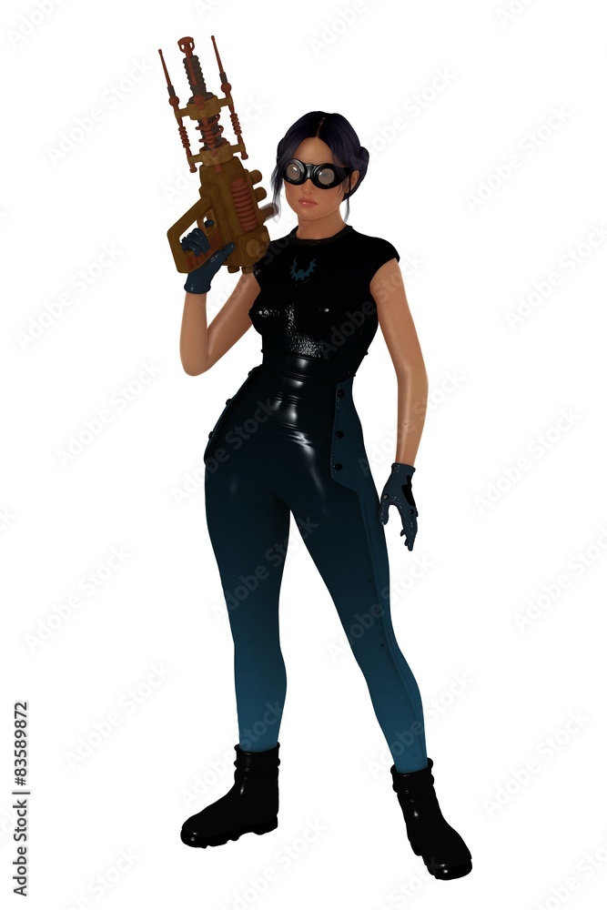 Retro scifi girl with large hand gun