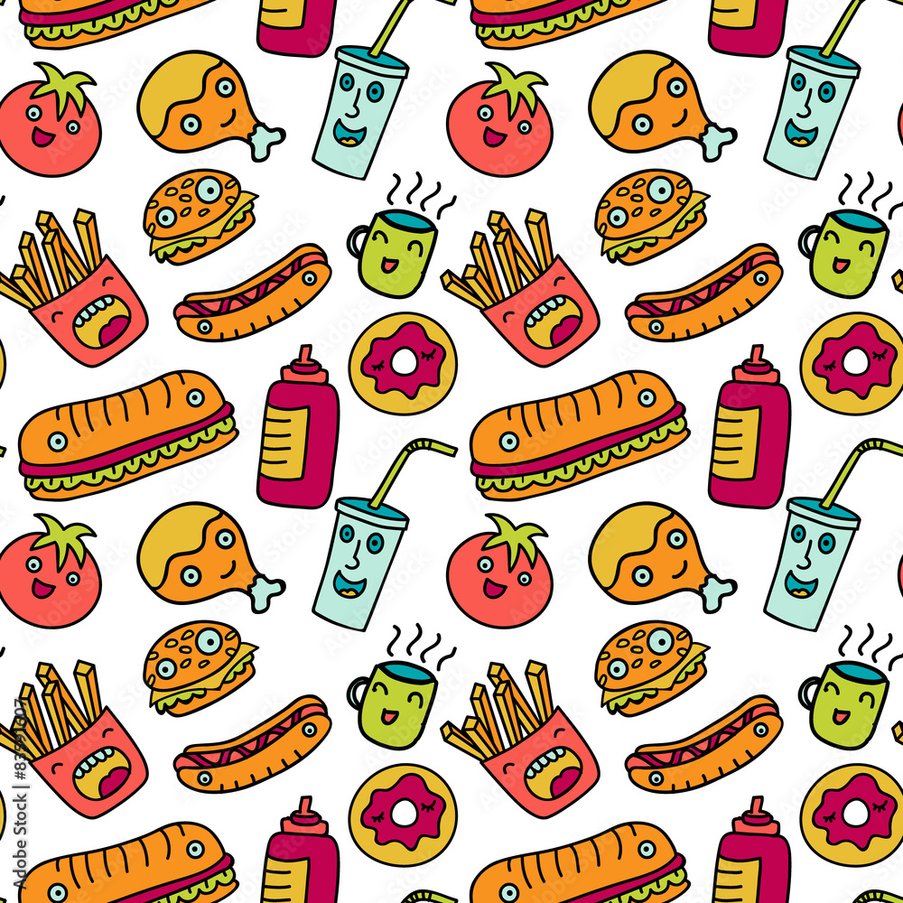 Fast food seamless background. Funny cartoon characters. Stock Vector