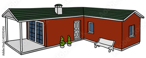 Hand drawing of a red low house