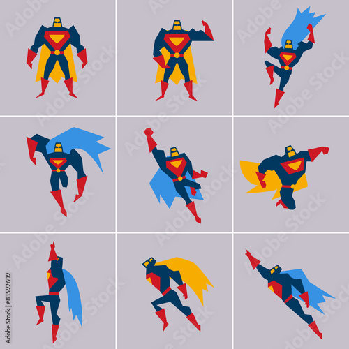 Superhero in Action. Silhouette Different Poses