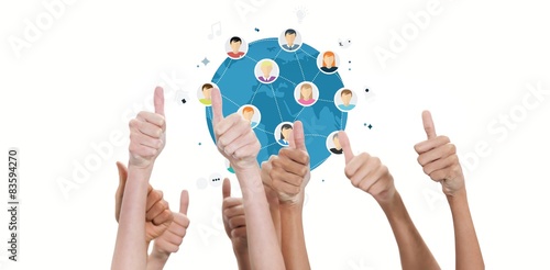 Composite image of thumbs raised and hands up 