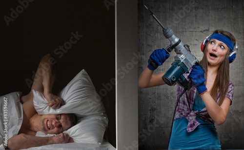 Man at night can't fall asleep because of the noisy neighbor