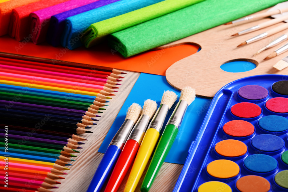 Fototapeta premium Composition with school accessories for painting and drawing