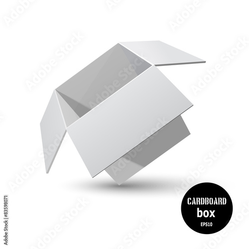 Tilted gray cardboard box with a shadow on a white background. V
