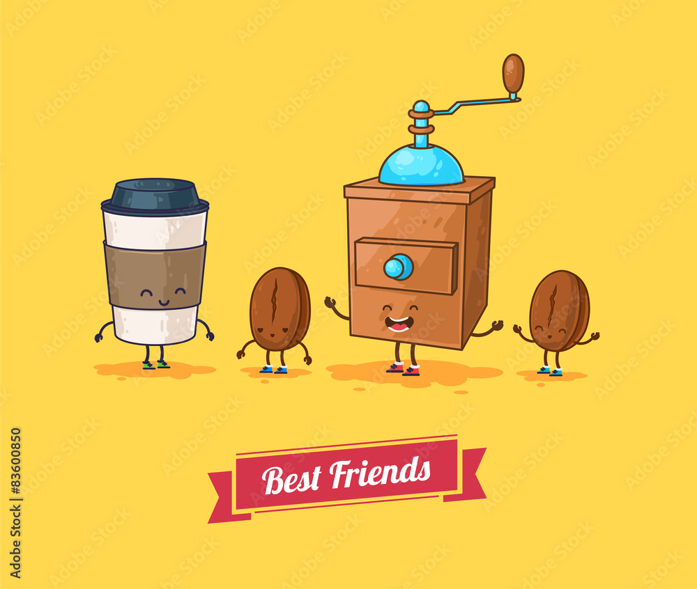 Vector funny cartoon. Funny coffee, beans ans coffee mill Best Stock Vector  | Adobe Stock