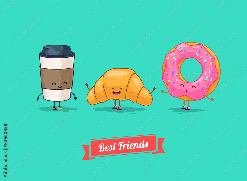 Vector funny cartoon. Funny coffee, croissant, donut. Best Stock Vector |  Adobe Stock