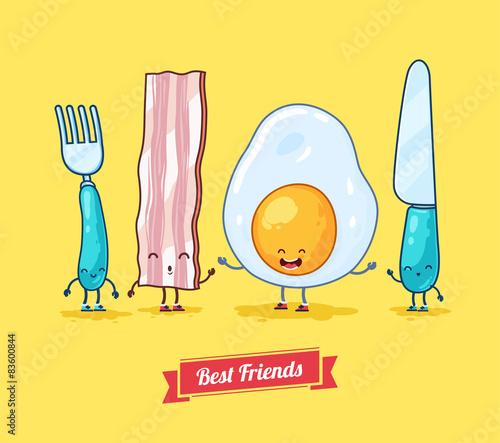 Vector funny cartoon. Funny egg, bacon, knife, fork.  Best