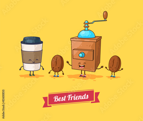Vector funny cartoon. Funny coffee, beans ans coffee mill  Best