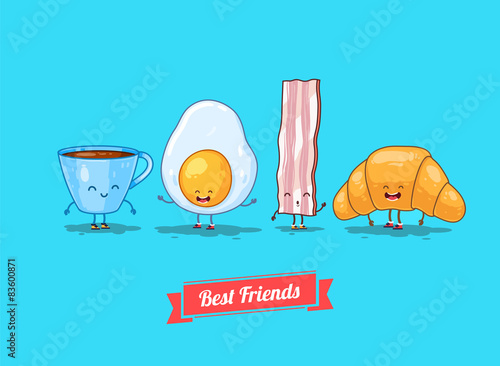 Vector funny cartoon. Funny cup, egg, bacon, croissant.  Best