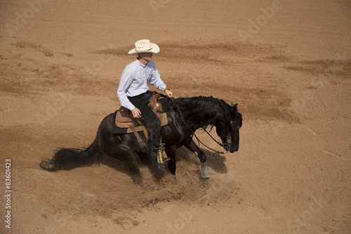 cowboy sliding to a stop on a black horse