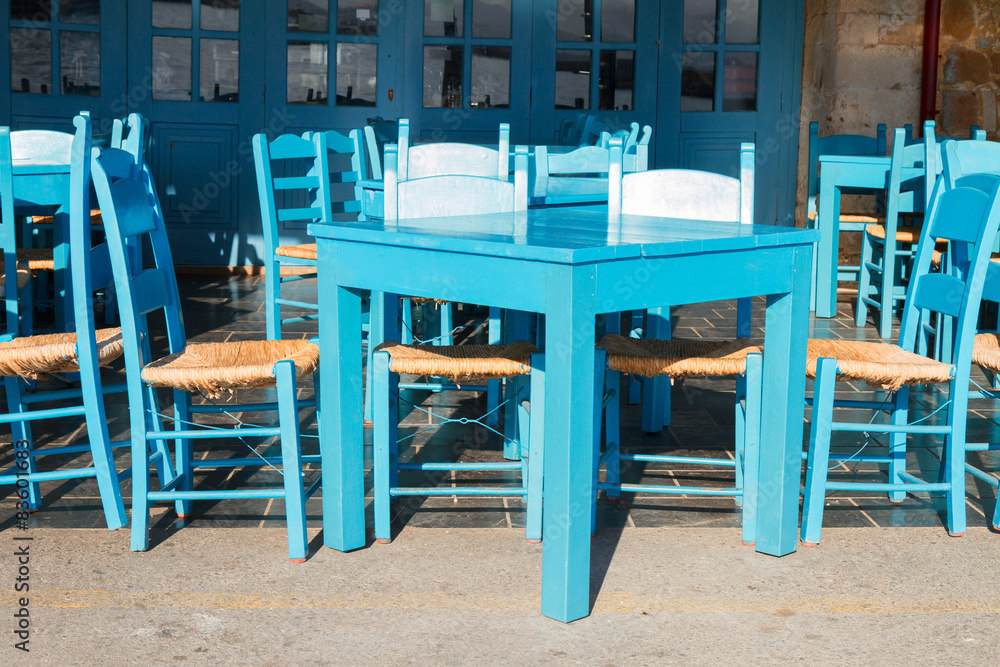 cafe with blue chairs, Crete, Greece