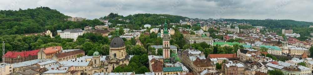 Lviv  center bird's eye panorama from the top of city hall
