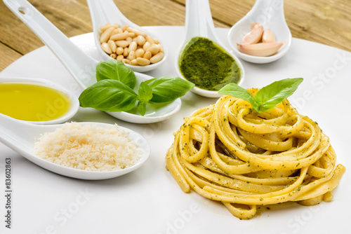 Quadro su tela Pasta con pesto genovese con ingredienti
