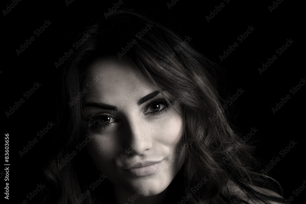 woman head close on black small smile black white woman head close on black small smile black white