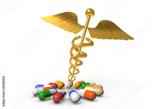 Hermes Caduceus gold, Medical capsules isolated white background photo