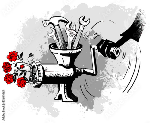 Illustration grinder grind iron tools in flowers.machine
