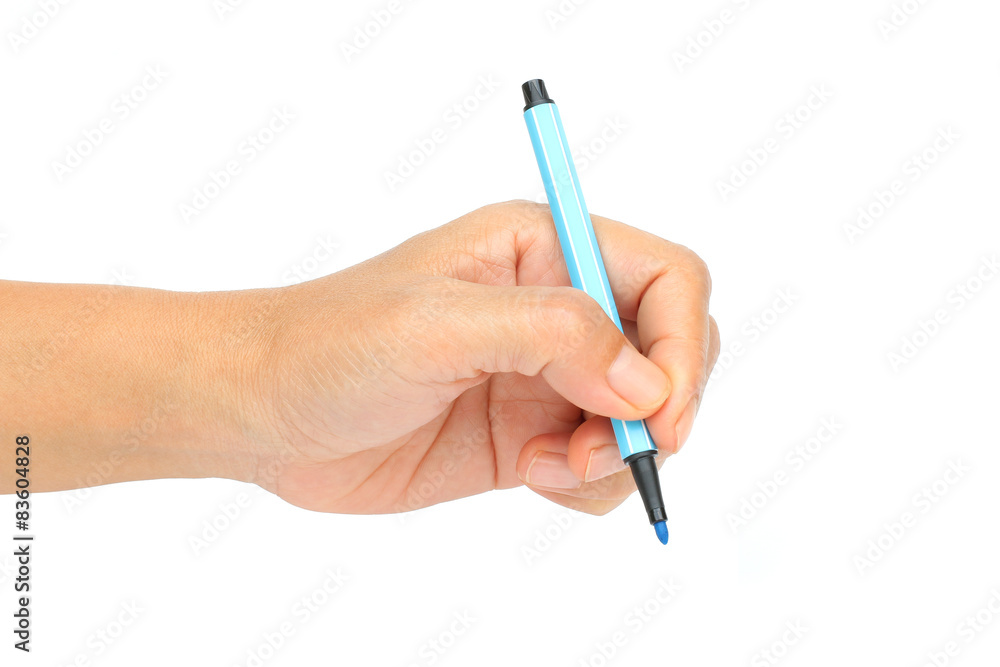 Woman holding color pen on a white background. Woman holding color pen on a white background.