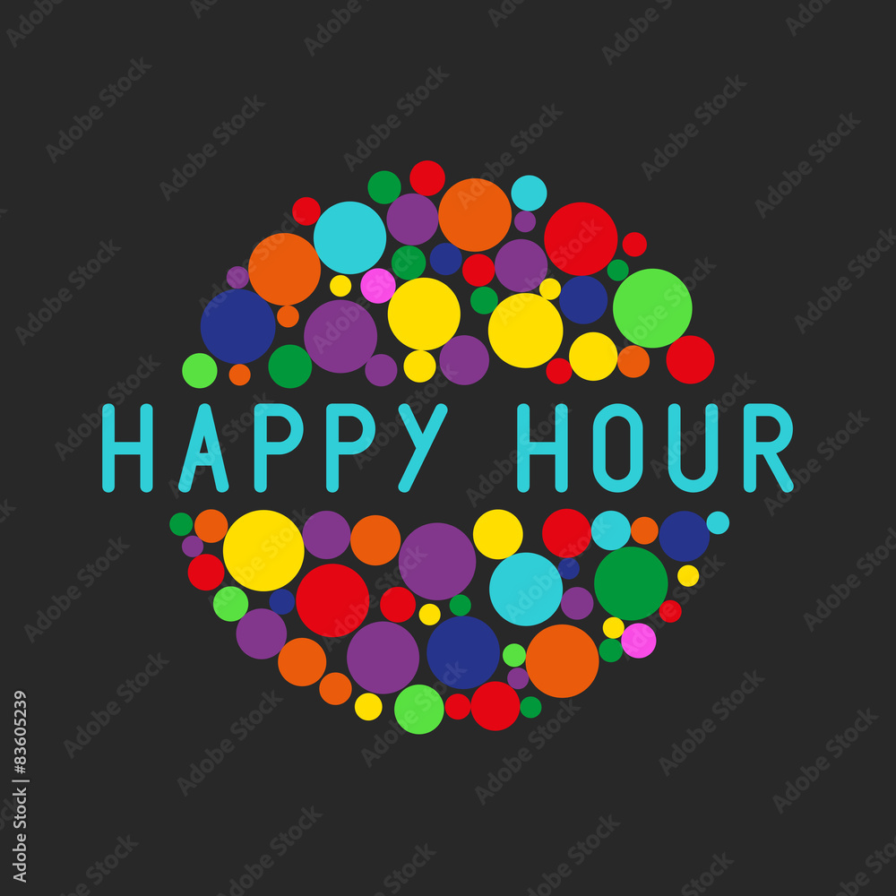 Happy hour party poster, colorful bubbles of free cocktail drink