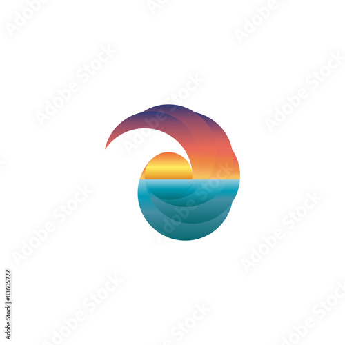 Summer tourism mockup logo, sun at sunset, design travel icon