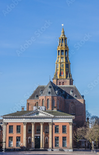 Market square with grain exchange and church in Groningen photo