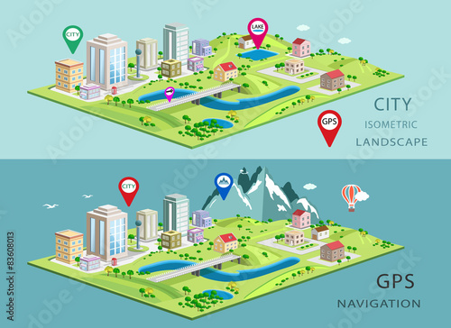 Isometric landscapes with city buildings, lakes, mountains