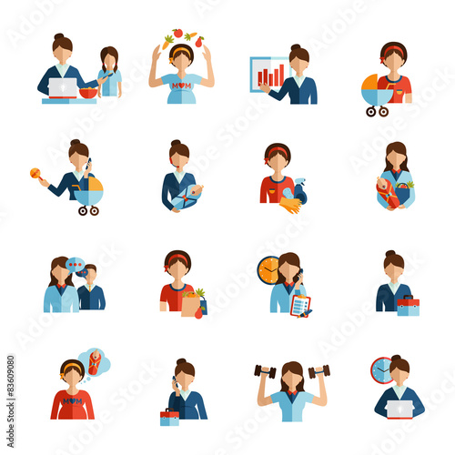 Businesswoman mother flat icons set 