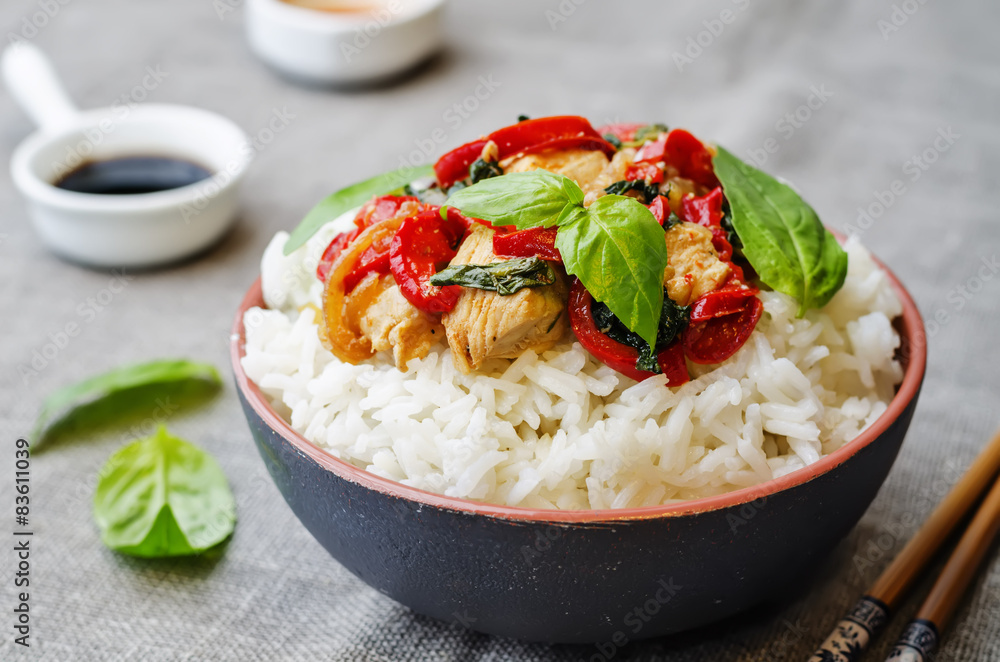 Basil pepper chicken stir fry with rice Basil pepper chicken stir fry with rice