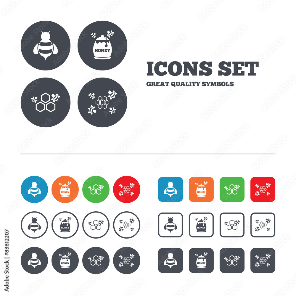 Honey icon. Honeycomb cells with bees symbol. Honey icon. Honeycomb cells with bees symbol.