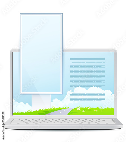 Laptop with Green Landscape and Vertical Bigboard Icolated on Wh photo