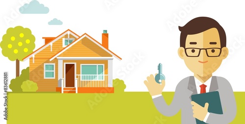 Real estate concept with house and realtor in flat style