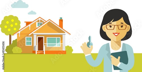 Real estate concept with house and realtor in flat style
