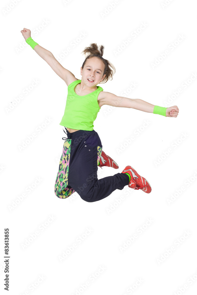 Happy little girl dancing hiphop isolated on white background Stock