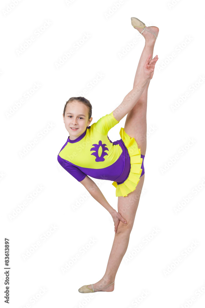 Cute young girl doing gymnastics isolated over white Stock Photo